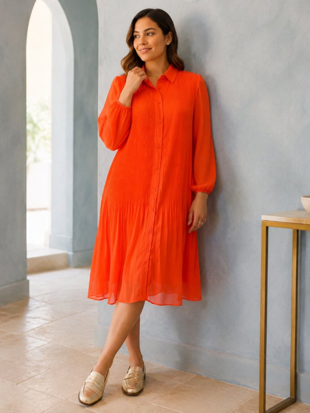 Bright Orange Pleated Button-Front Shirt Dress XS